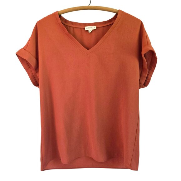 Ee:some Tops - Ee:some Womens V-Neck Top Terracotta V-Neck Cuffed Cap Sleeves Small